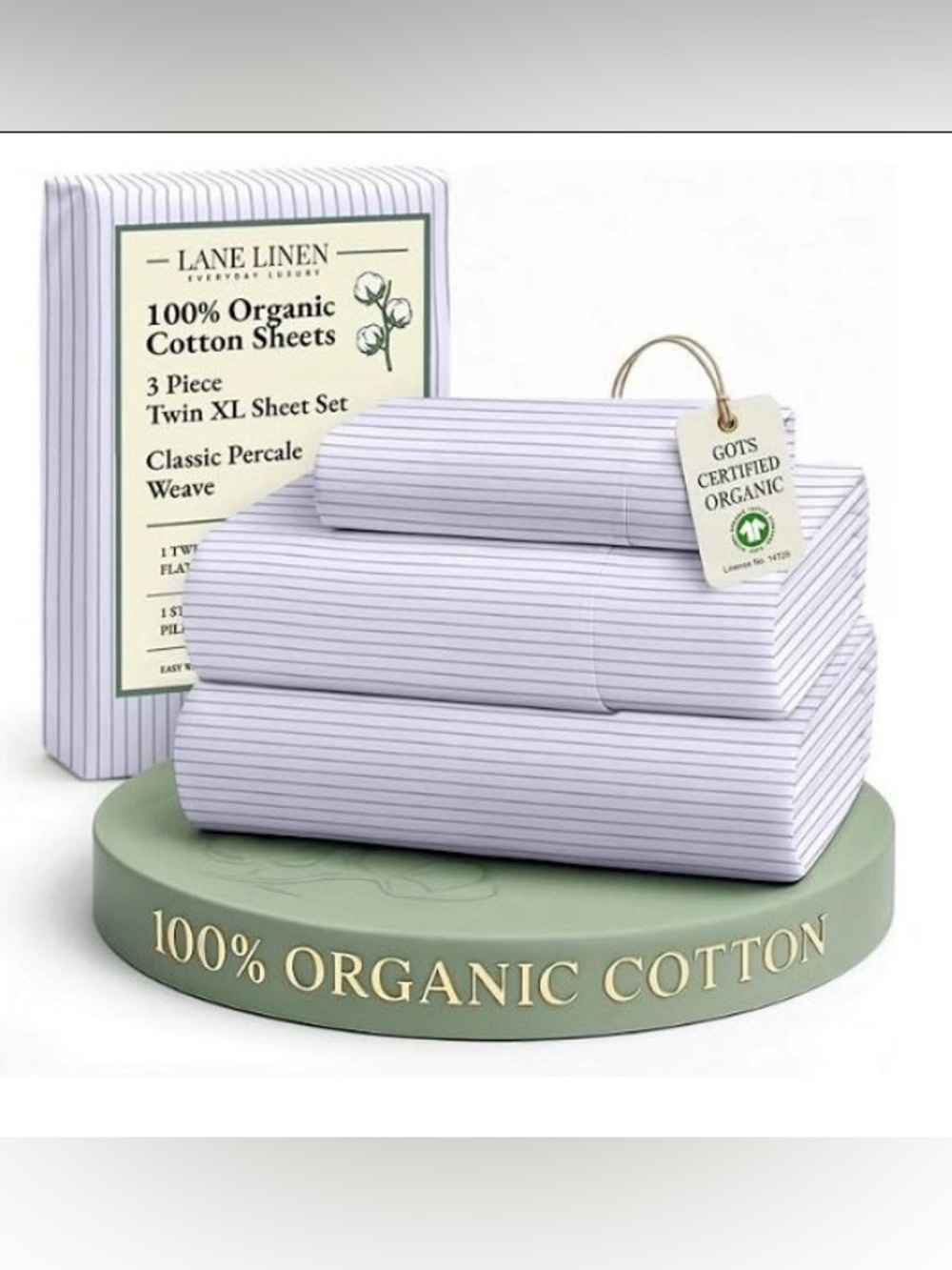 Lane Linen 100% Organic Cotton Percale Twin XL Sheet Set, White+Thin Stripes